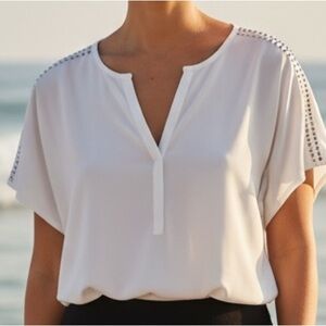 DKNY White Blouse with Studded Shoulders